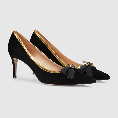 gucci suede mid heel pump|Gucci patent leather heels.